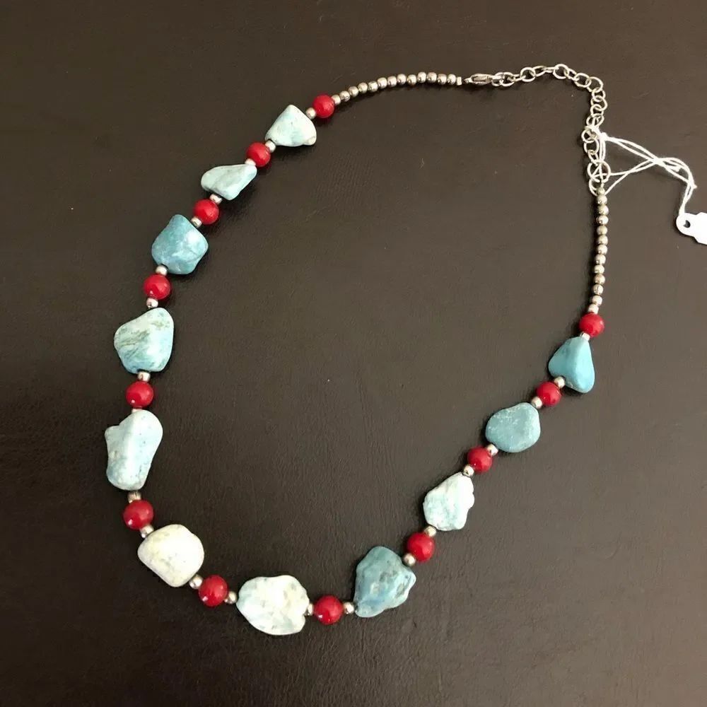 Silver Turquoise Stone Red Beaded Necklace